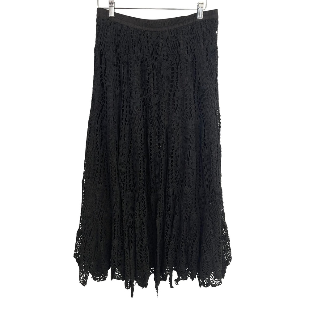 Soft Surroundings Black Crochet Knit Maxi Skirt Handkerchief Hem Size M 44537